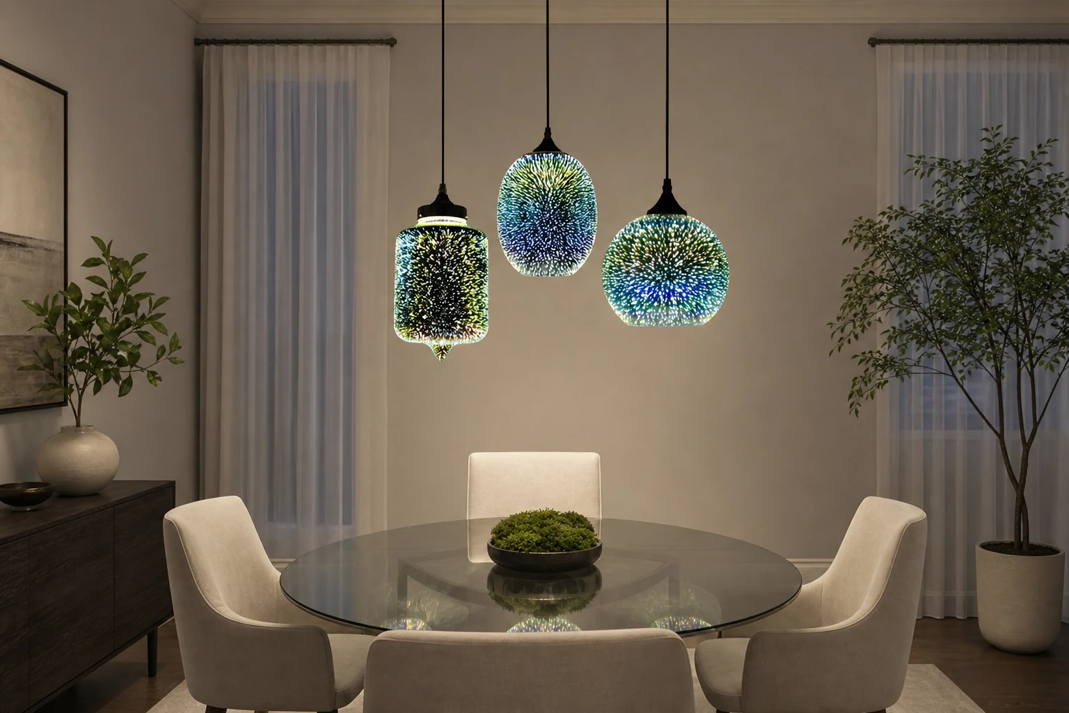 Nowoczesna kolorowa nordycka lampa wisząca 3D w scenie pokoju lifestylowego