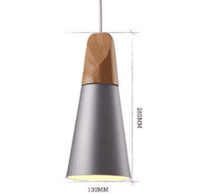 Schemat wymiarowy wisiorka w kształcie smukłego stożka, średnica 13 cm i wysokość 28 cm
