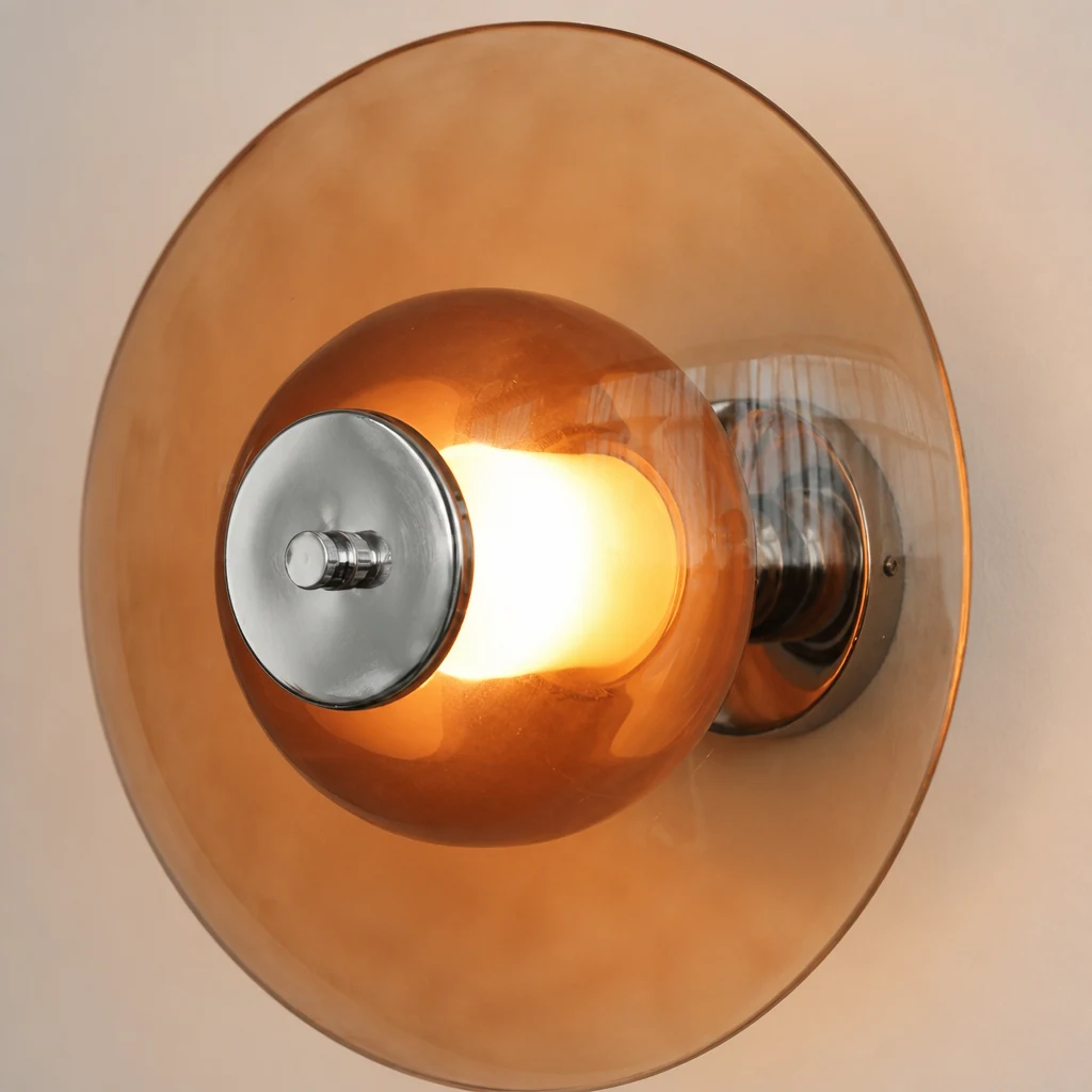 Zbliżenie na lampę ścienną Flying Saucer z chromowanym wykończeniem i bursztynowym szkłem