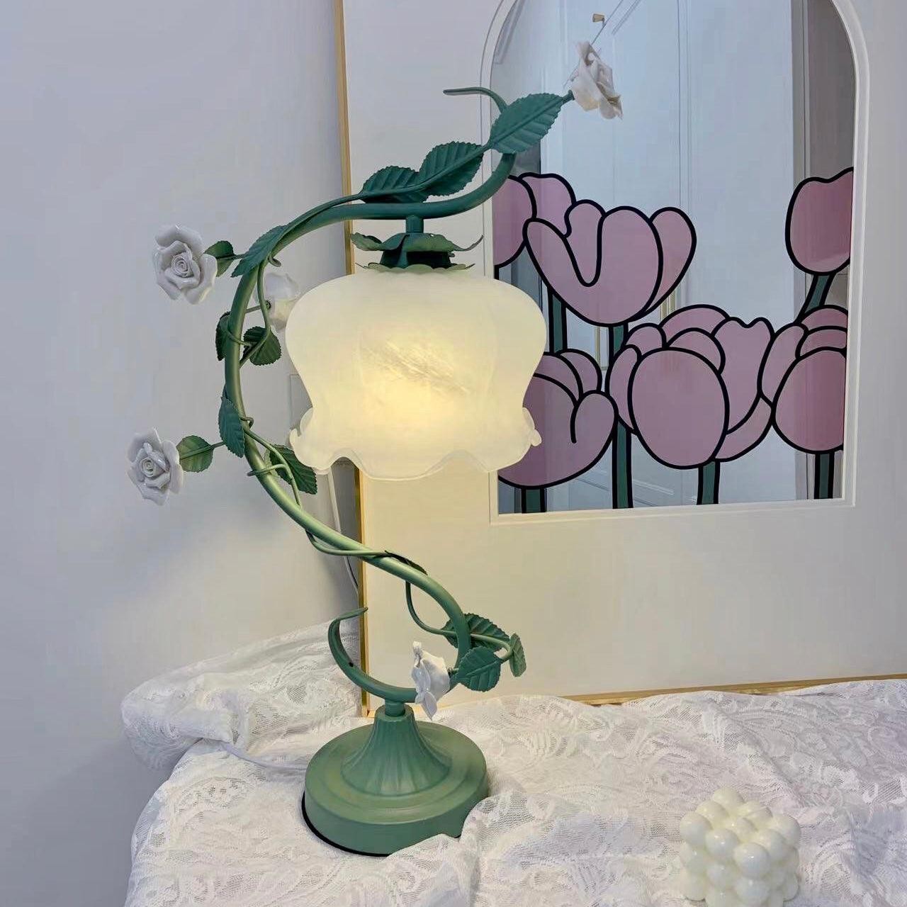 Green Pink White Rose Flower Table Lamp M209