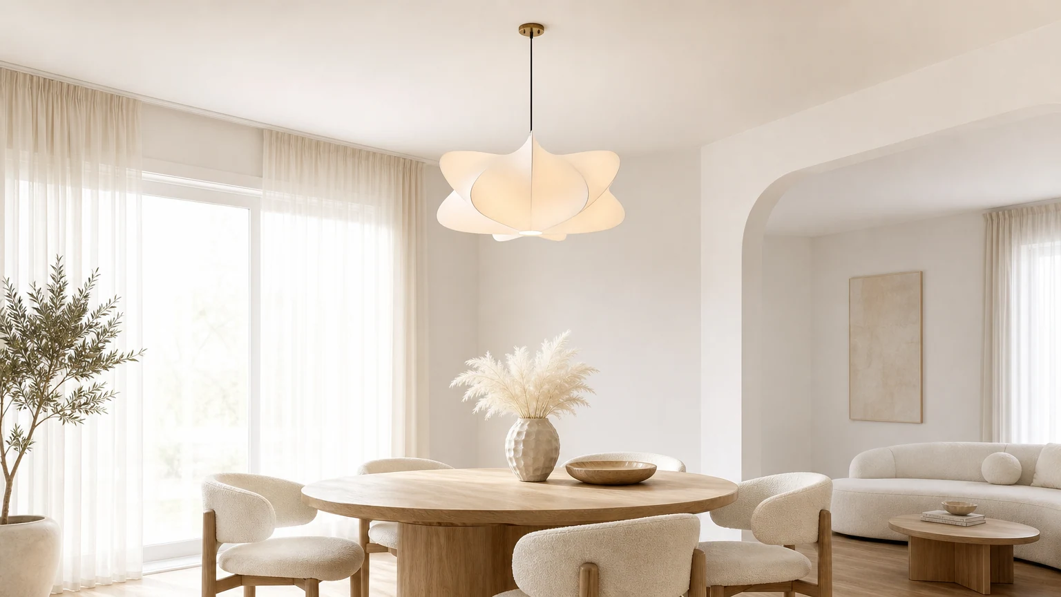 Biała lampa wisząca Lunaveo z dyfuzją w jasnym pomieszczeniu