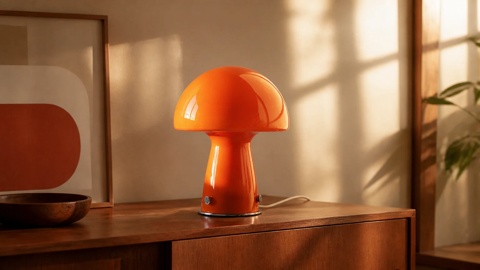 Lampa stołowa ze szkła grzybkowego w stylu vintage Bauhaus, stylizowana na ciepłą scenę wnętrz