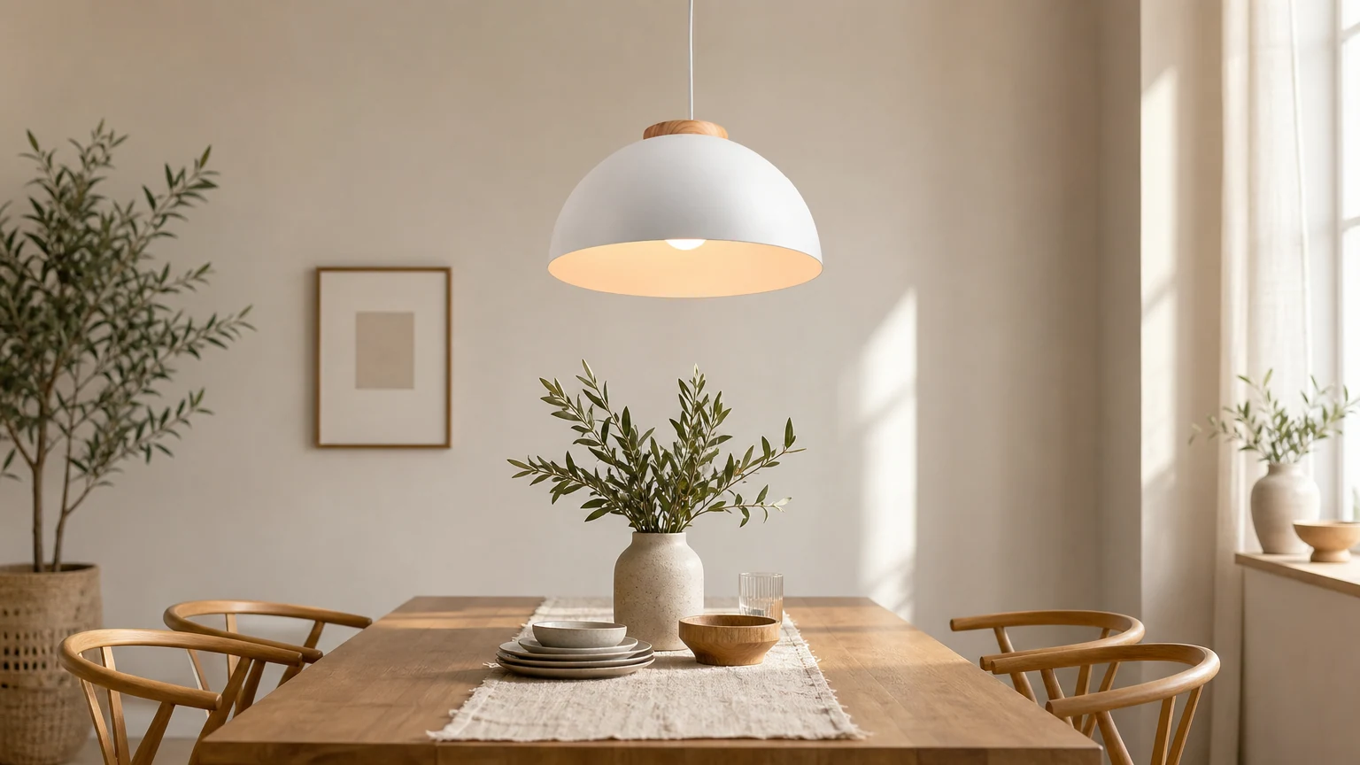 Lampa wisząca Nordic Dome zainstalowana w ciepłym wnętrzu jadalni