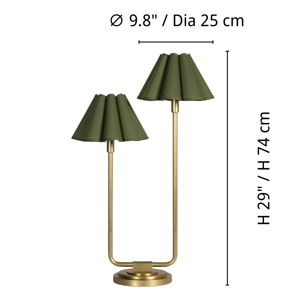 Diagrama de dimensiones de la lámpara Capirise de doble cabezal: 25 cm de diámetro y 74 cm de altura.