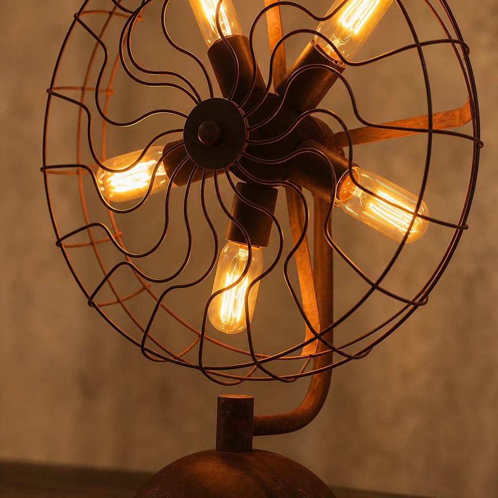 Zbliżenie lampy stołowej Old Style Fan z postarzanym żelaznym wykończeniem