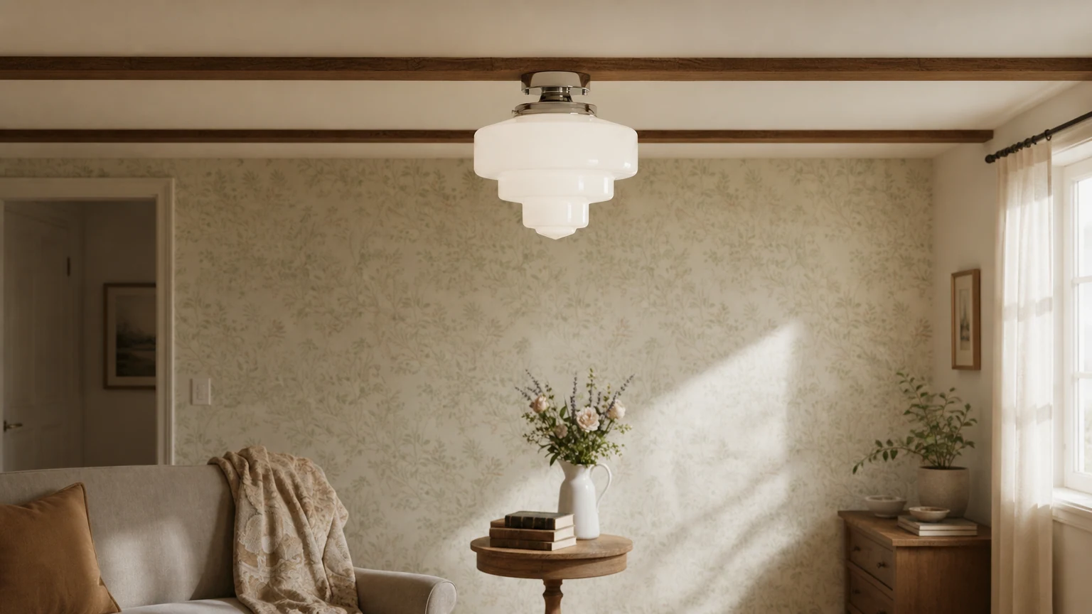 Lampa sufitowa kula ze szkła opalowego Geotower zainstalowana w ciepłym pomieszczeniu