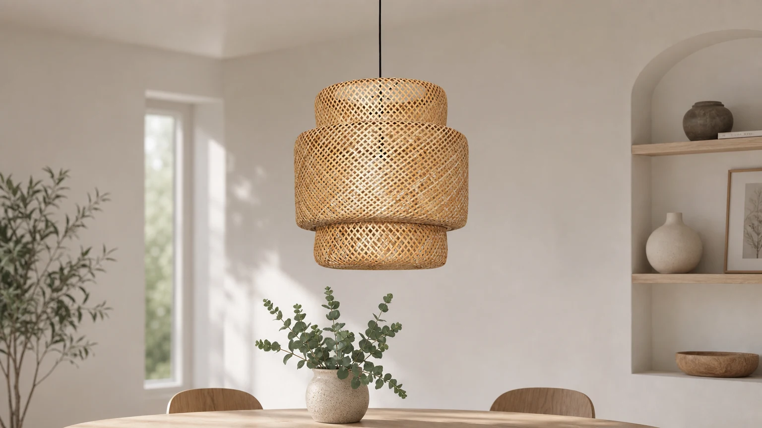 Bambusowa lampa wisząca D887 w ciepłym wnętrzu