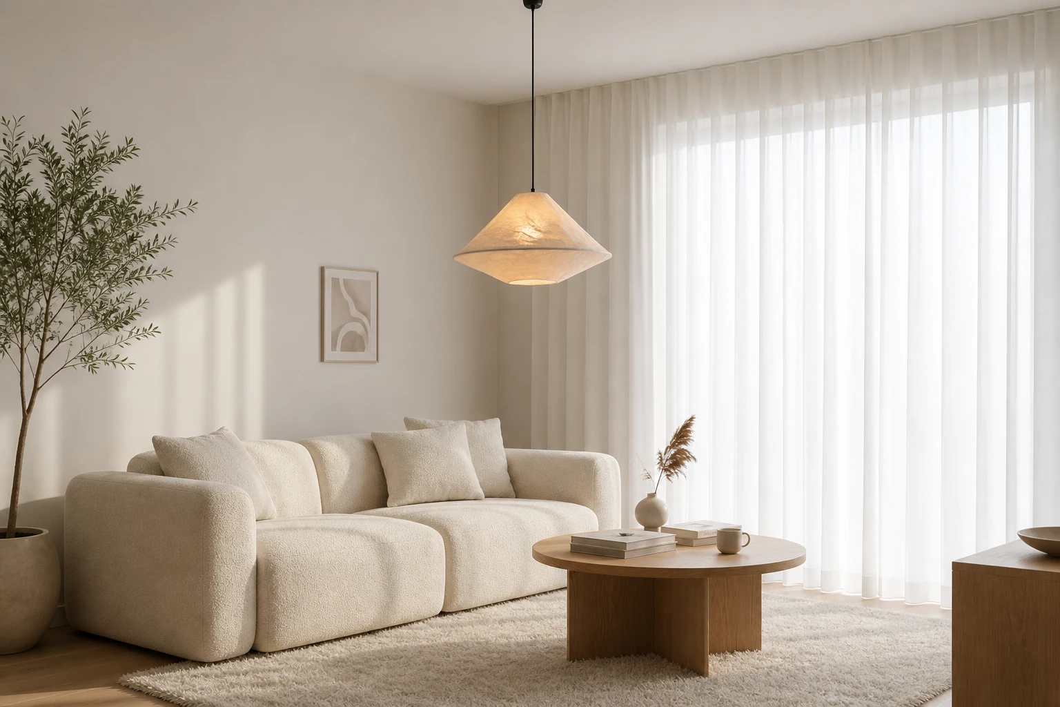 Lampa wisząca Zalen z naturalnego lnu, stylizowana na spokojne wnętrze
