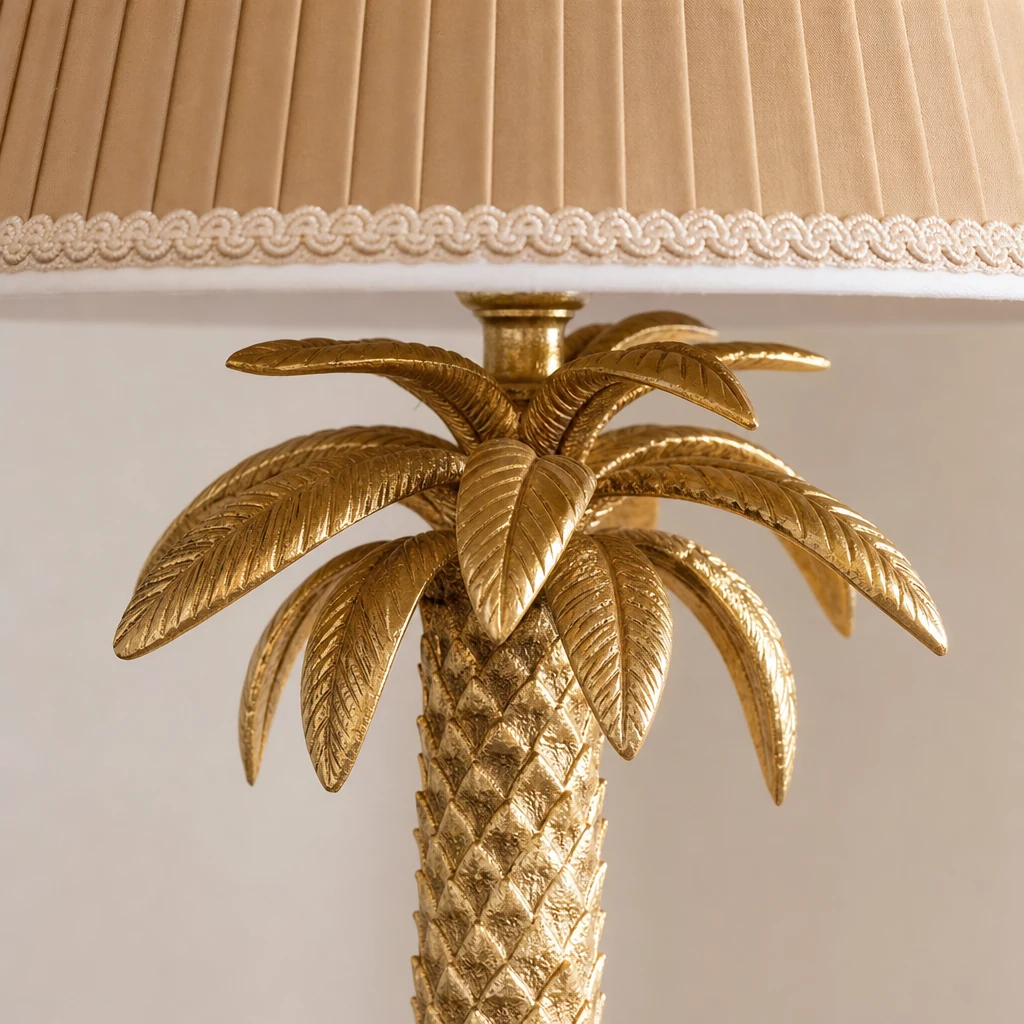 Zbliżenie na lampę stołową Palm Tree D752 z mosiądzu i wykończeniem klosza