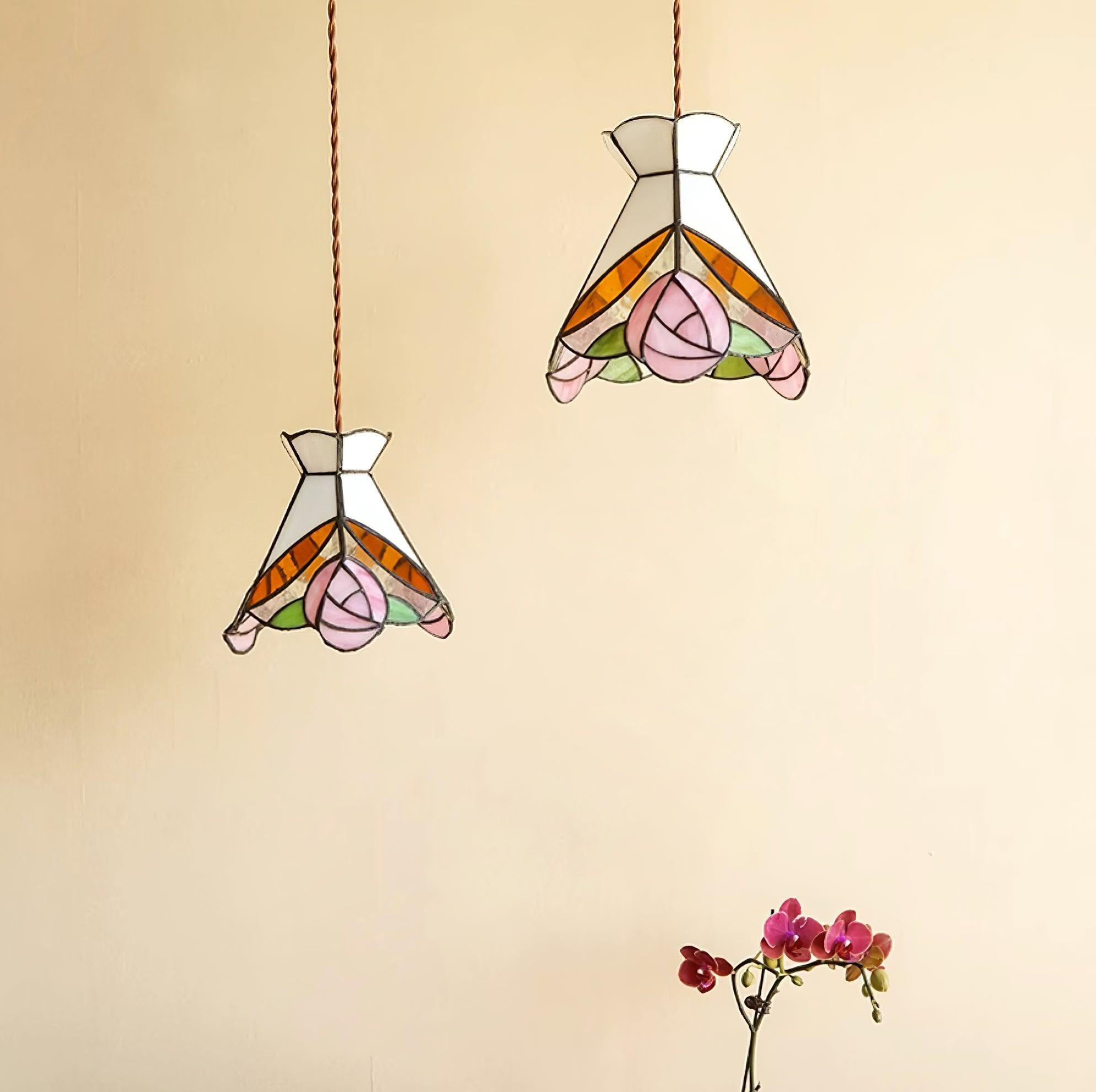 French Retro Rose Stained Glass Pendant Lamp M190