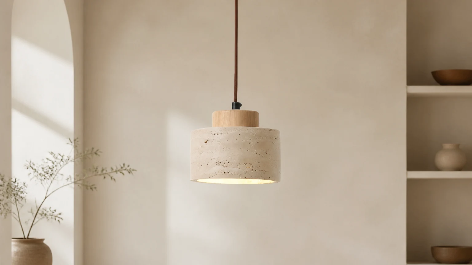 Lámpara colgante minimalista Nordic Travertine Clear D914 mostrada en una habitación minimalista cálida.