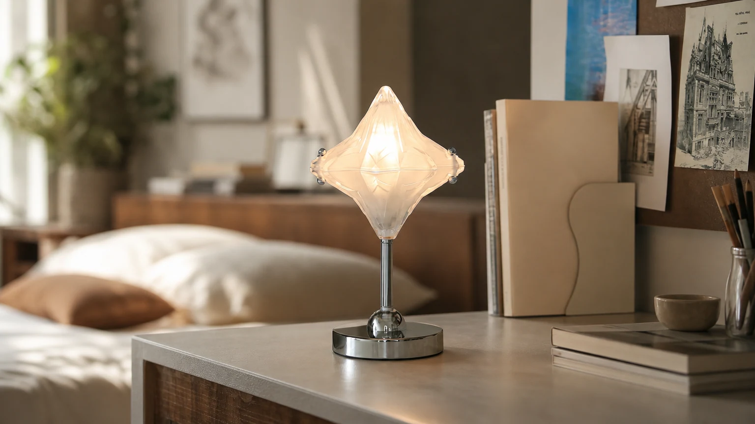 Lampa stołowa Astris Lyra T436 z matowego szkła w ciepłej sypialni