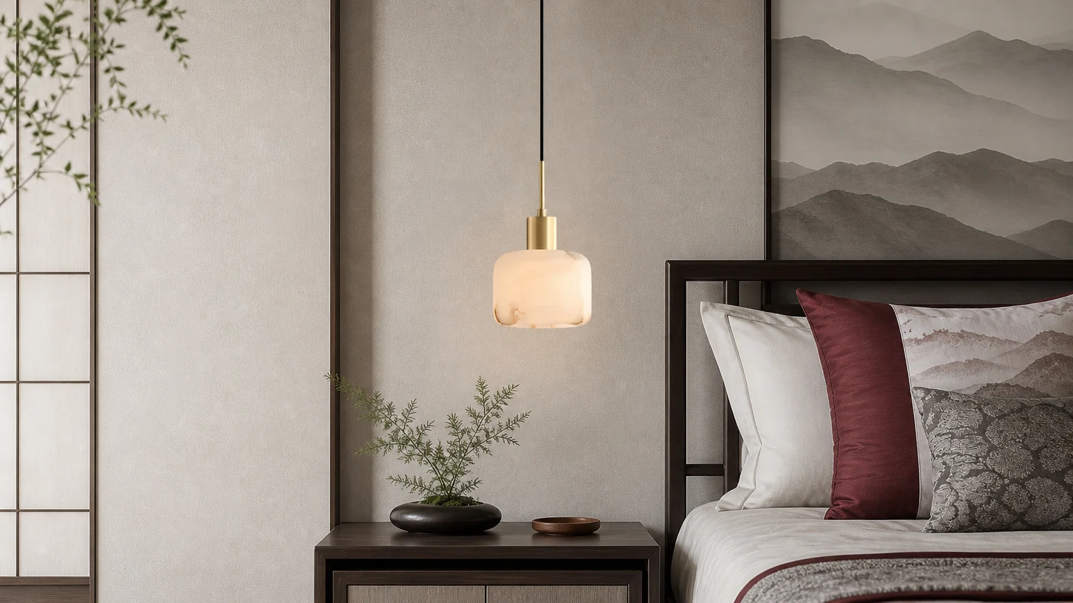 Minimalistyczna lampa wisząca Velia Acorn Alabaster w ciepłej sypialni