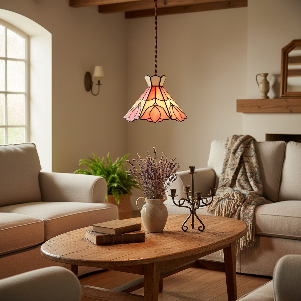 Sevra Floral Stained Glass Pendant Light Tiffany Inspired Hanging Ceiling Lamp for Living Room T564