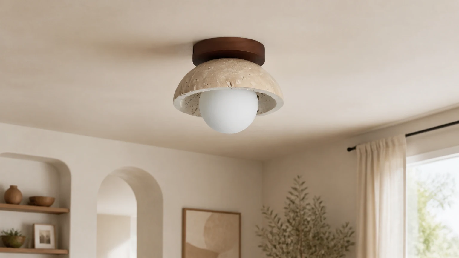Teksturowana lampa sufitowa Travira do montażu podtynkowego w organicznej scenerii salonu