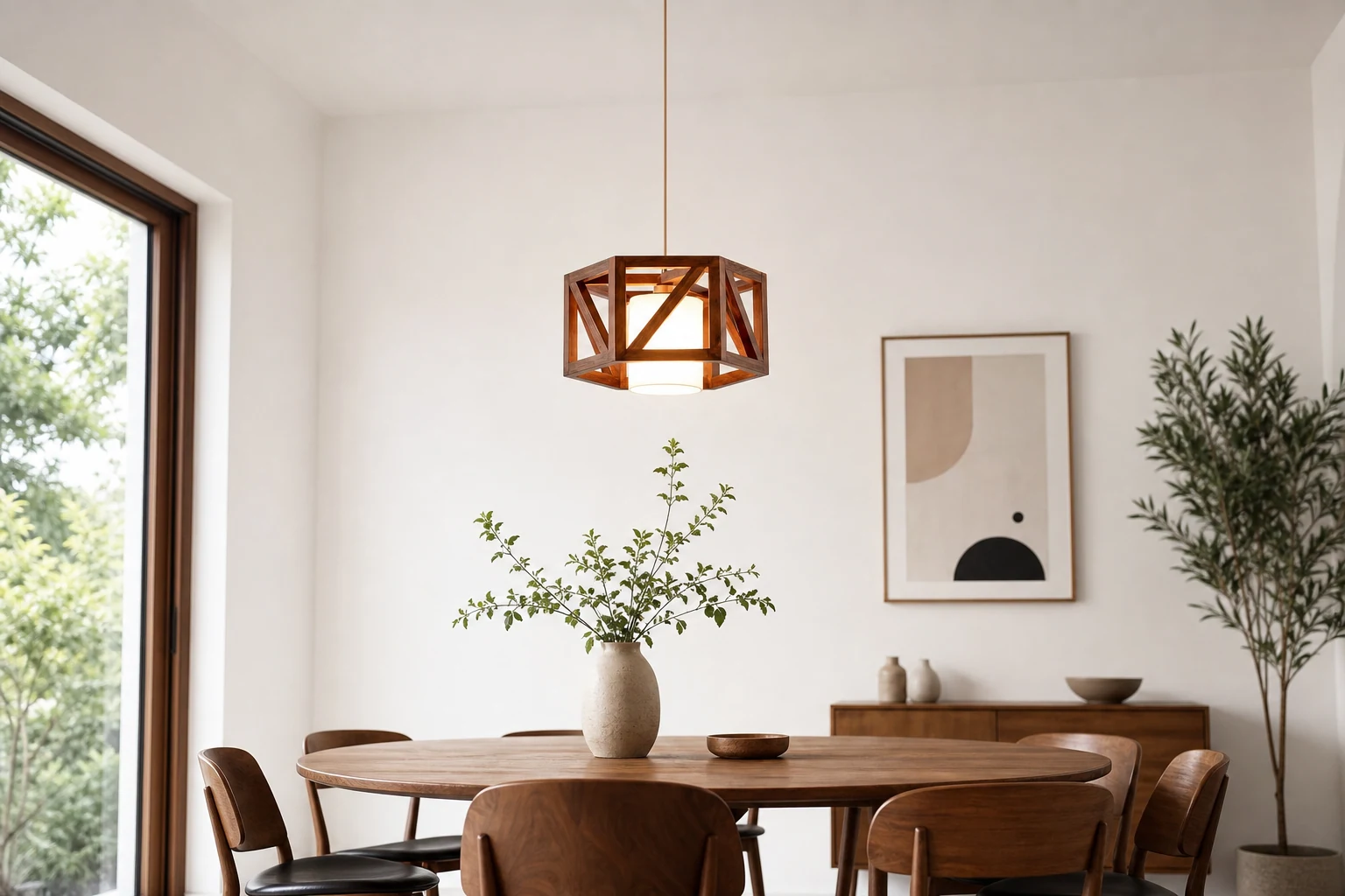 Laternenförmige Holzpendelleuchte in einer Lifestyle-Inneneinrichtung