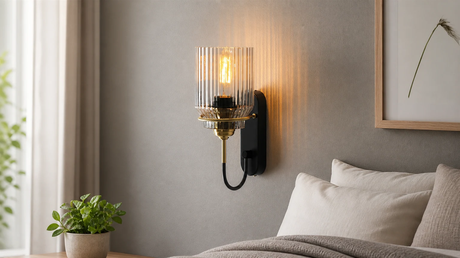 Przednia kinkiet Nordic Coumnar Glass Mirror M128 zainstalowana w ciepłej scenerii wnętrza