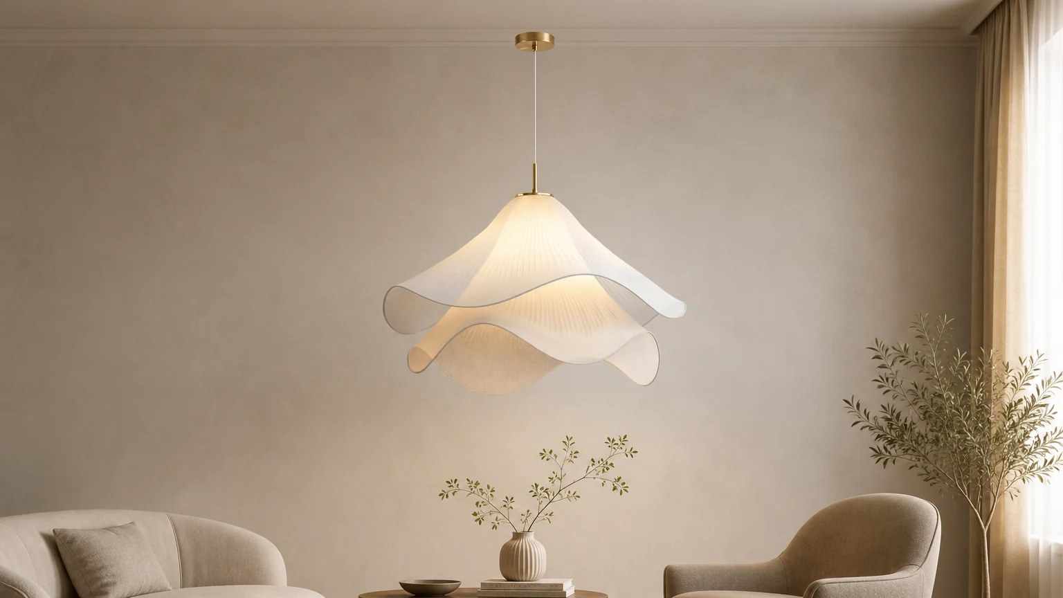Kwiatowa lampa wisząca Ethereal Bloom pokazana w ciepłej scenie wnętrza
