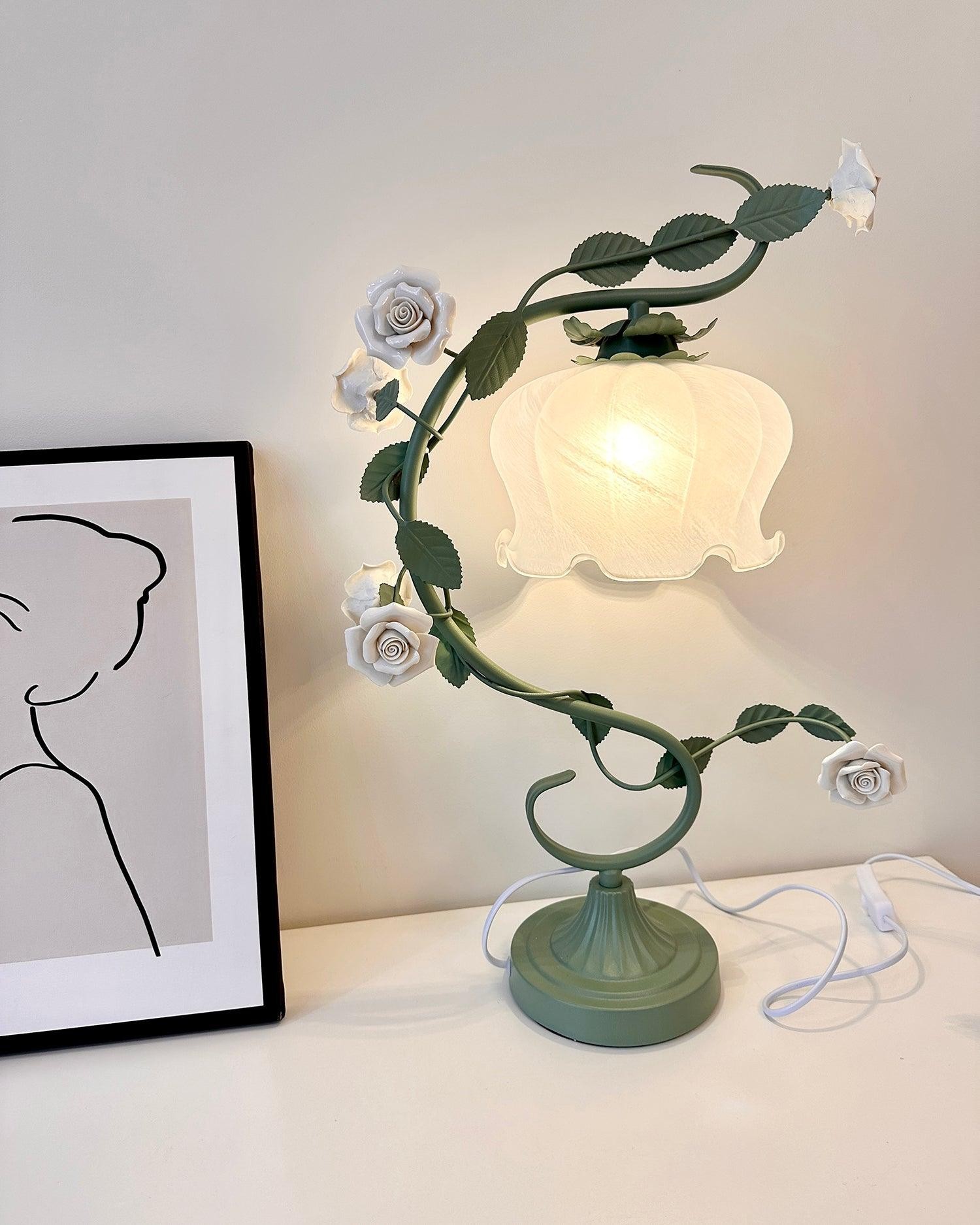 Green Pink White Rose Flower Table Lamp M209