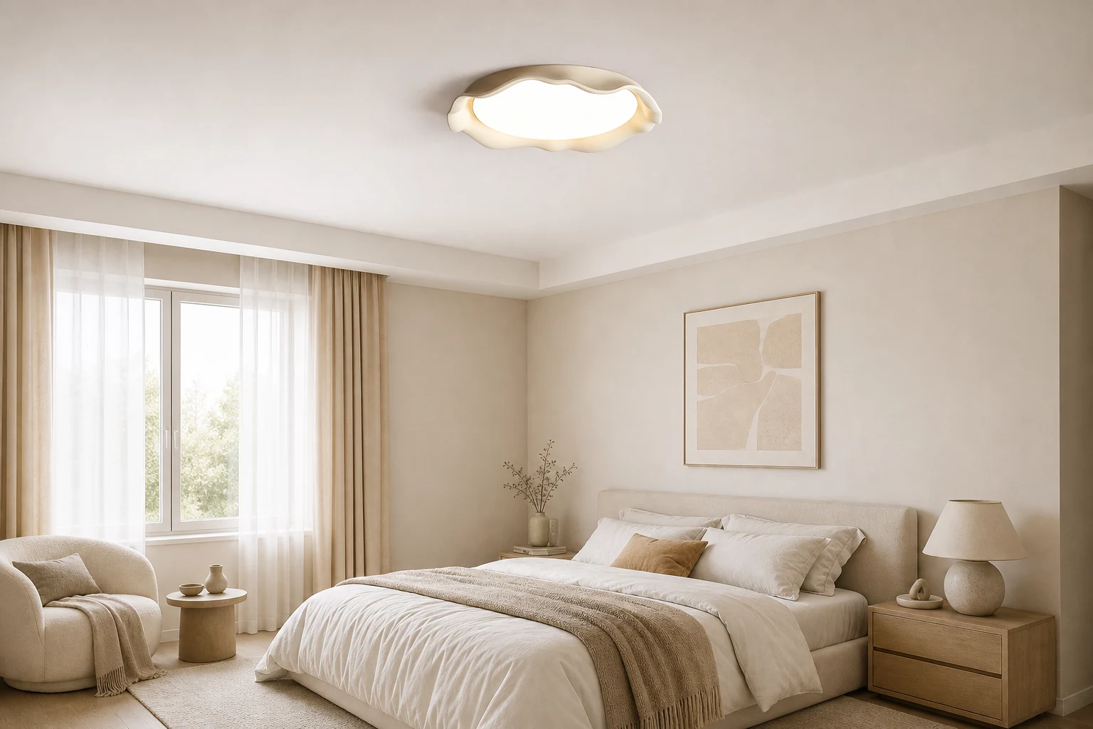 Lampa sufitowa Aera z mikrocementu pokazana w kontekście ciepłego pomieszczenia