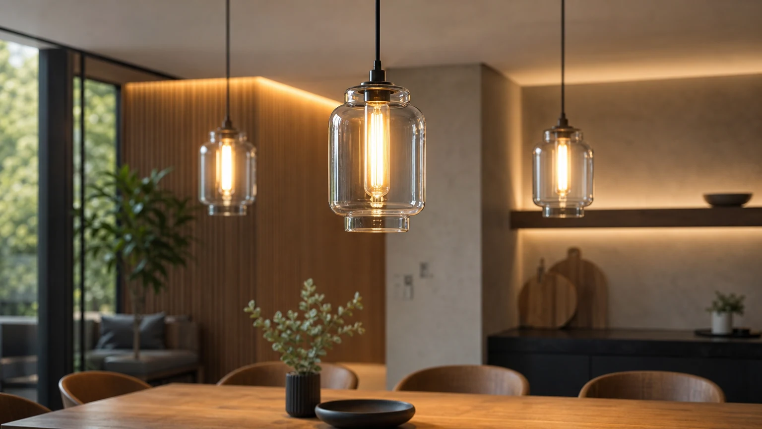 Szklana lampa wisząca Helio w ciepłym wnętrzu