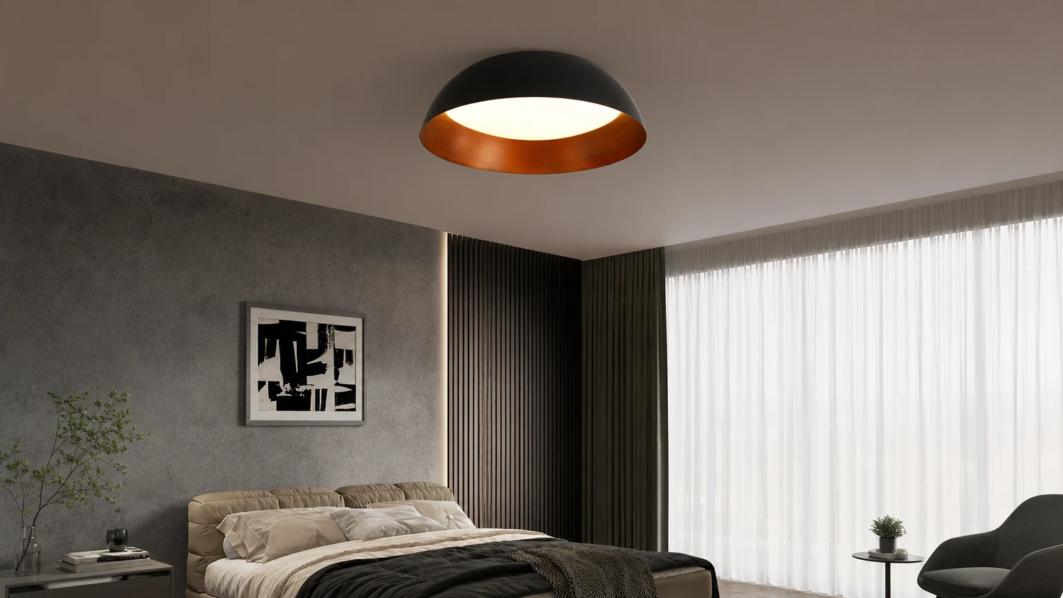 Włoska minimalistyczna lampa sufitowa Bowl M51 zainstalowana w ciepłym, nowoczesnym pomieszczeniu
