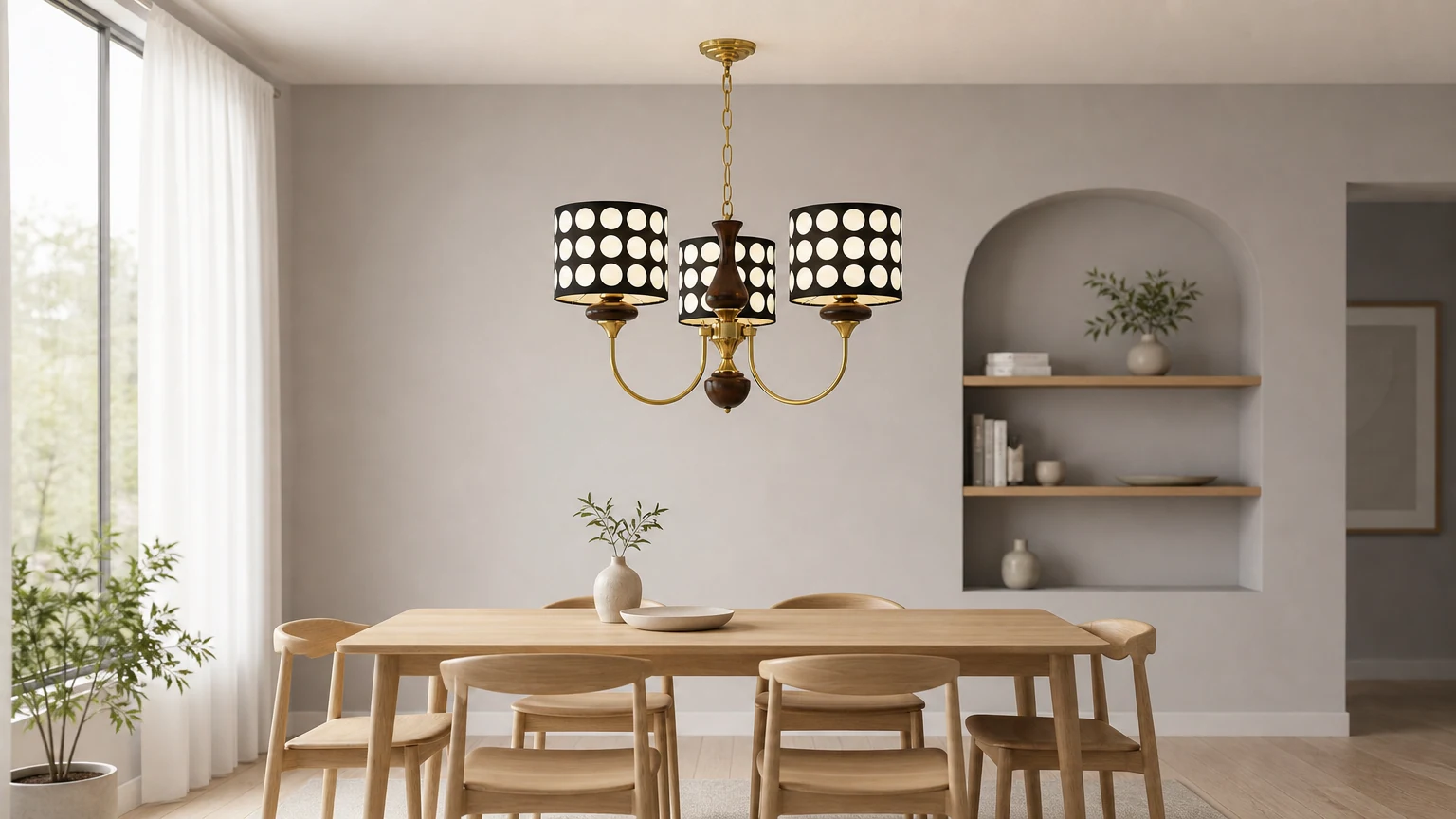 Żyrandol materiałowy w geometryczne czarne kropki S364 w scenie w jadalni
