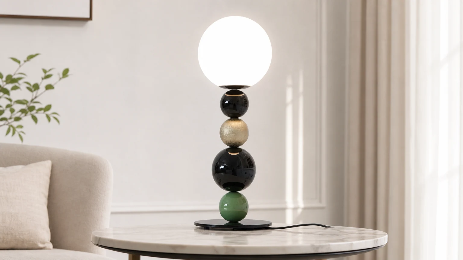 Nowoczesna lampa stołowa w kształcie kuli M196 z tykwy w ciepłej scenerii wnętrza
