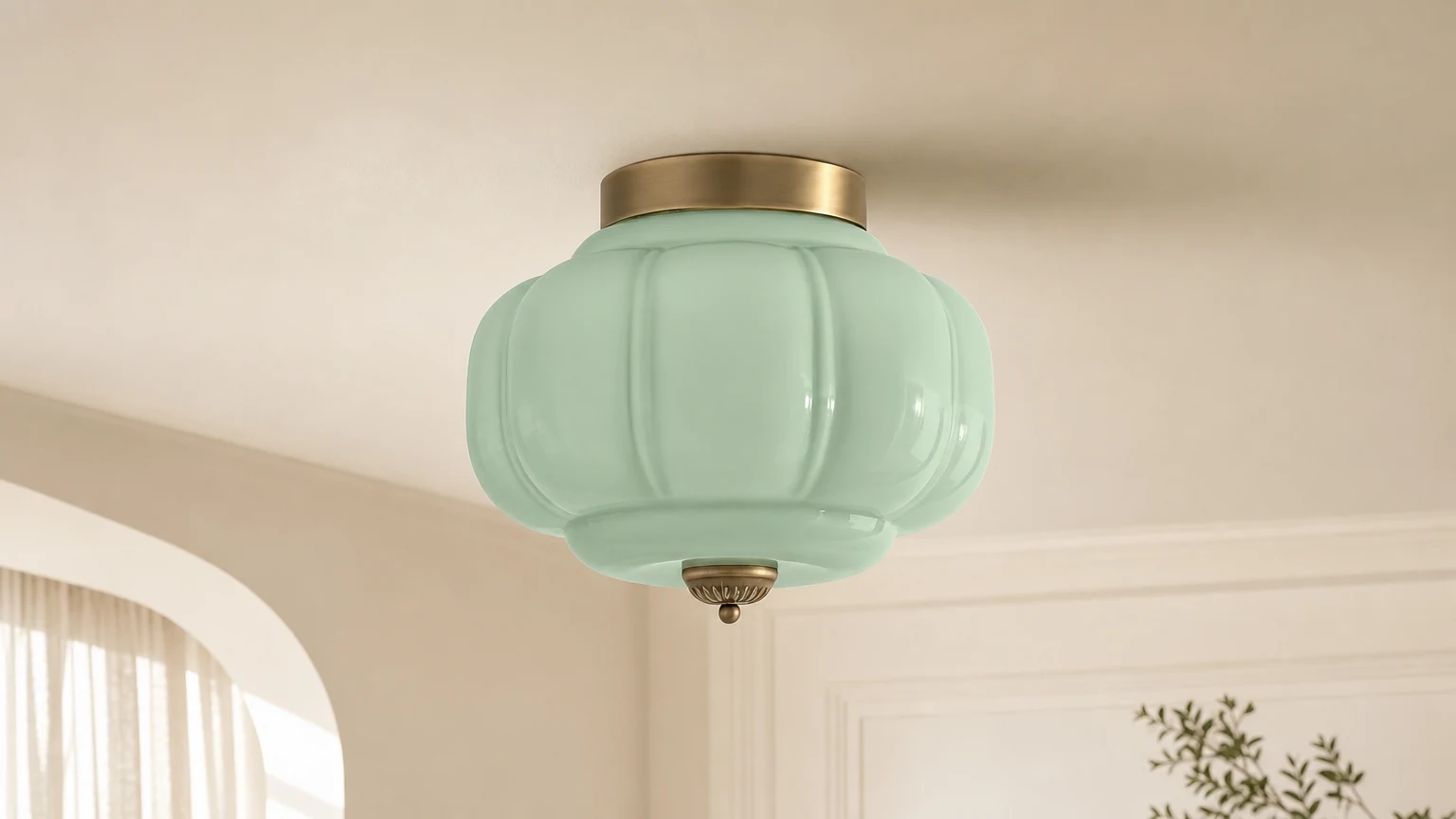 Vintage lampa sufitowa Eloise z mlecznego szkła, częściowo zlicowana, zainstalowana w ciepłym wnętrzu