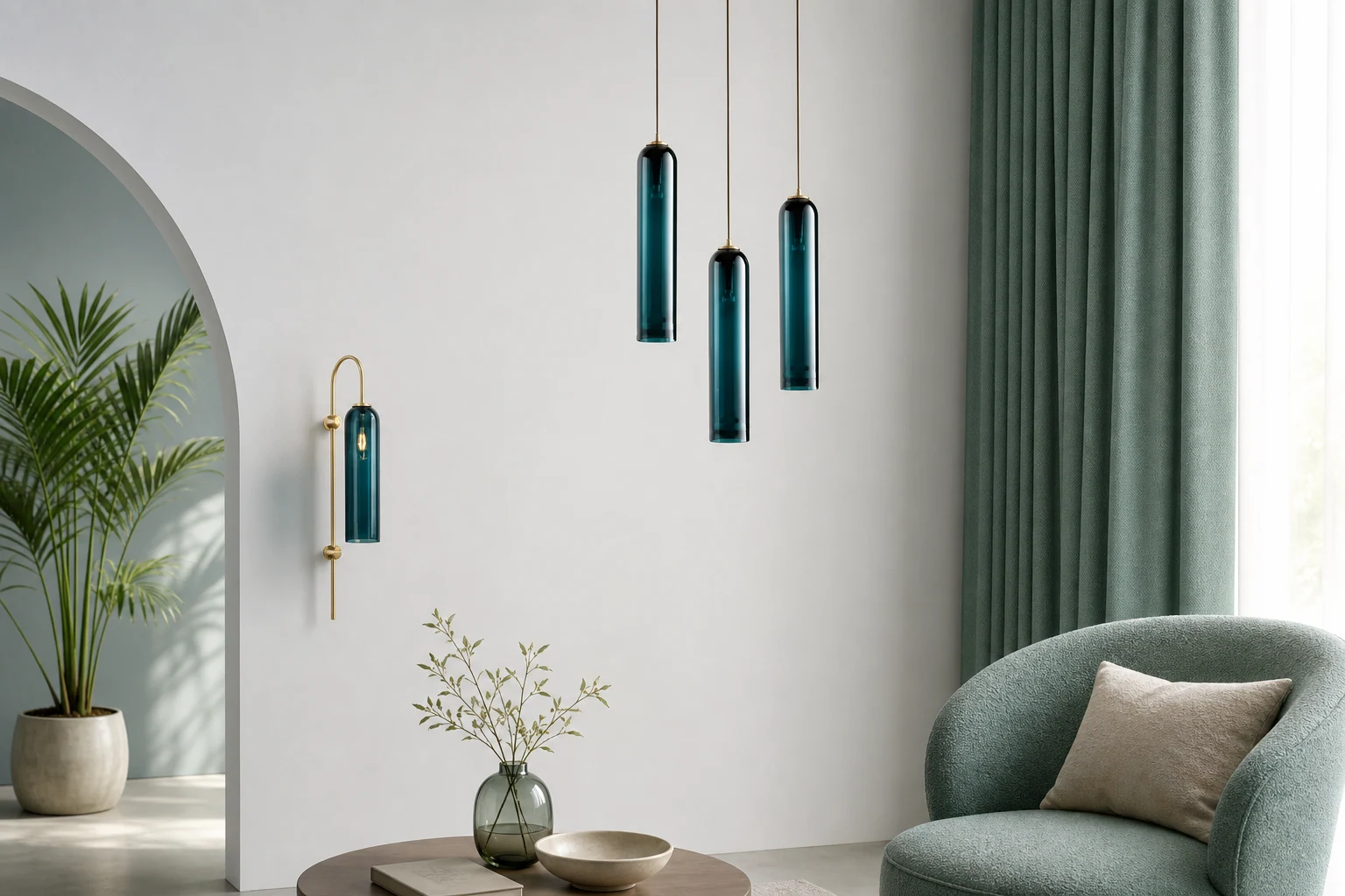 Pływająca, cylindryczna szklana lampa wisząca w scenie pokoju lifestylowego