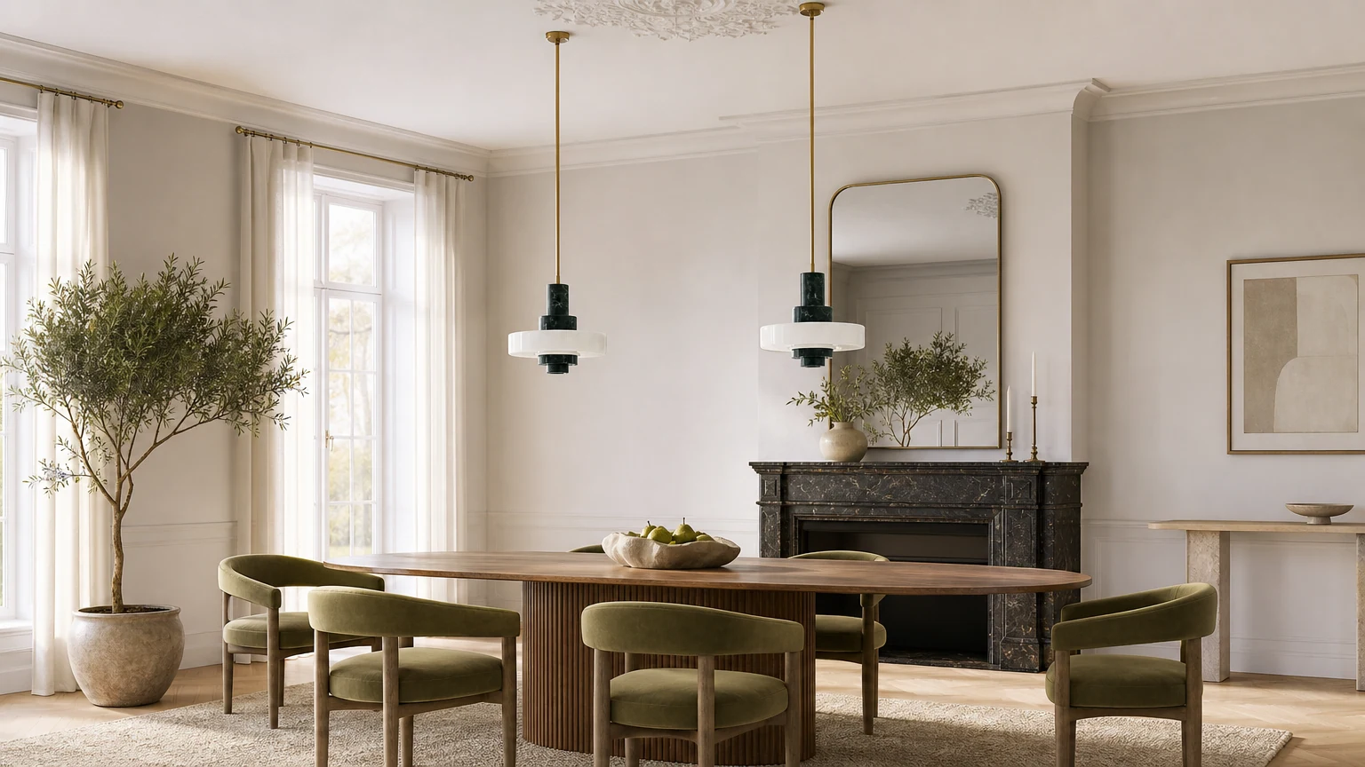 Lampa wisząca z marmuru w kolorze zielonej rtęci D707 w poziomej scenie w jadalni