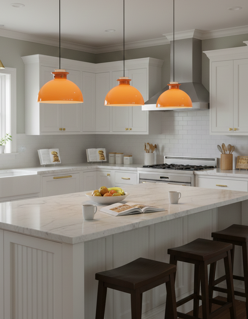 Wiele pomarańczowych lamp wiszących nad białą wyspą