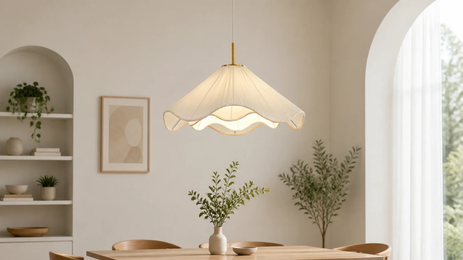 Kwiatowa lampa wisząca M561 w skandynawskim kremowym stylu w ciepłej kremowej scenerii wnętrza