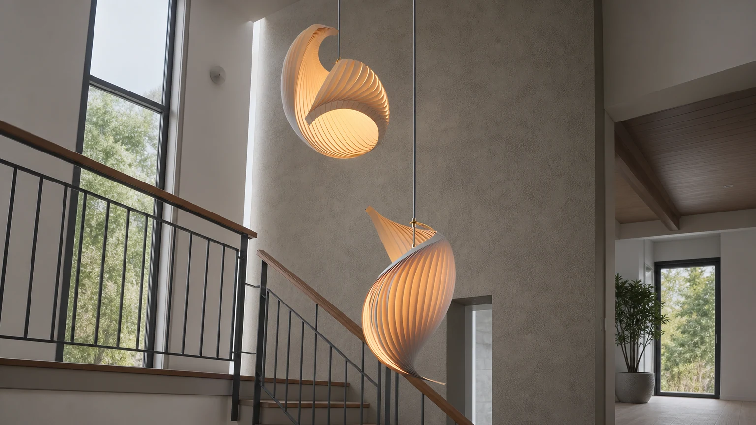 Kreatywna drewniana lampa wisząca Nautilus Shell zainstalowana w ciepłym wnętrzu