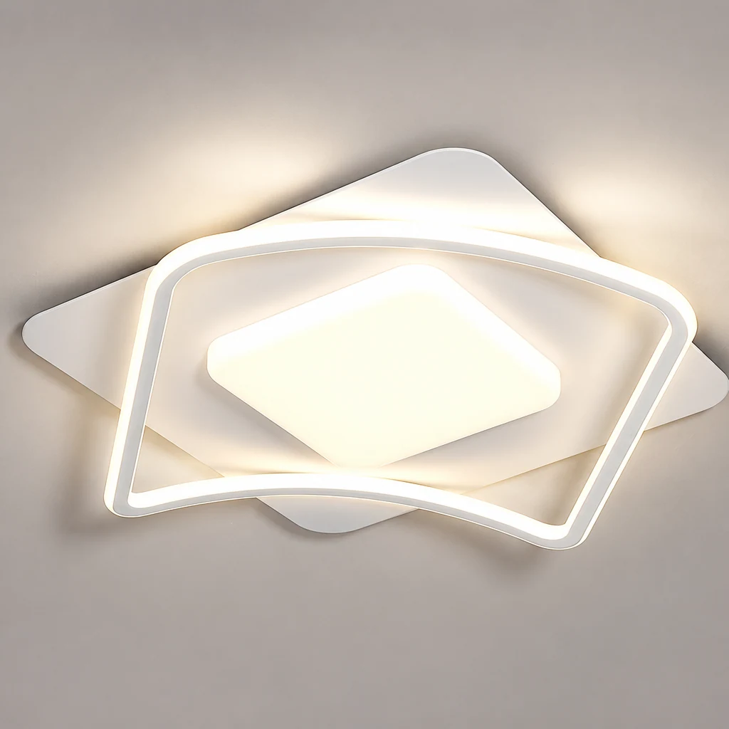Zbliżenie lampy sufitowej LED o minimalistycznej geometrii z wykończeniem M541 i akrylowym dyfuzorem