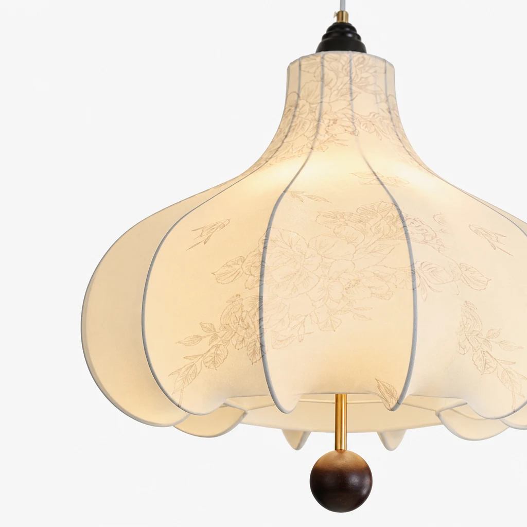 Zbliżenie na abażur z tkaniny i detale w kolorze orzecha na lampie wiszącej Retro Chestnut Fabric