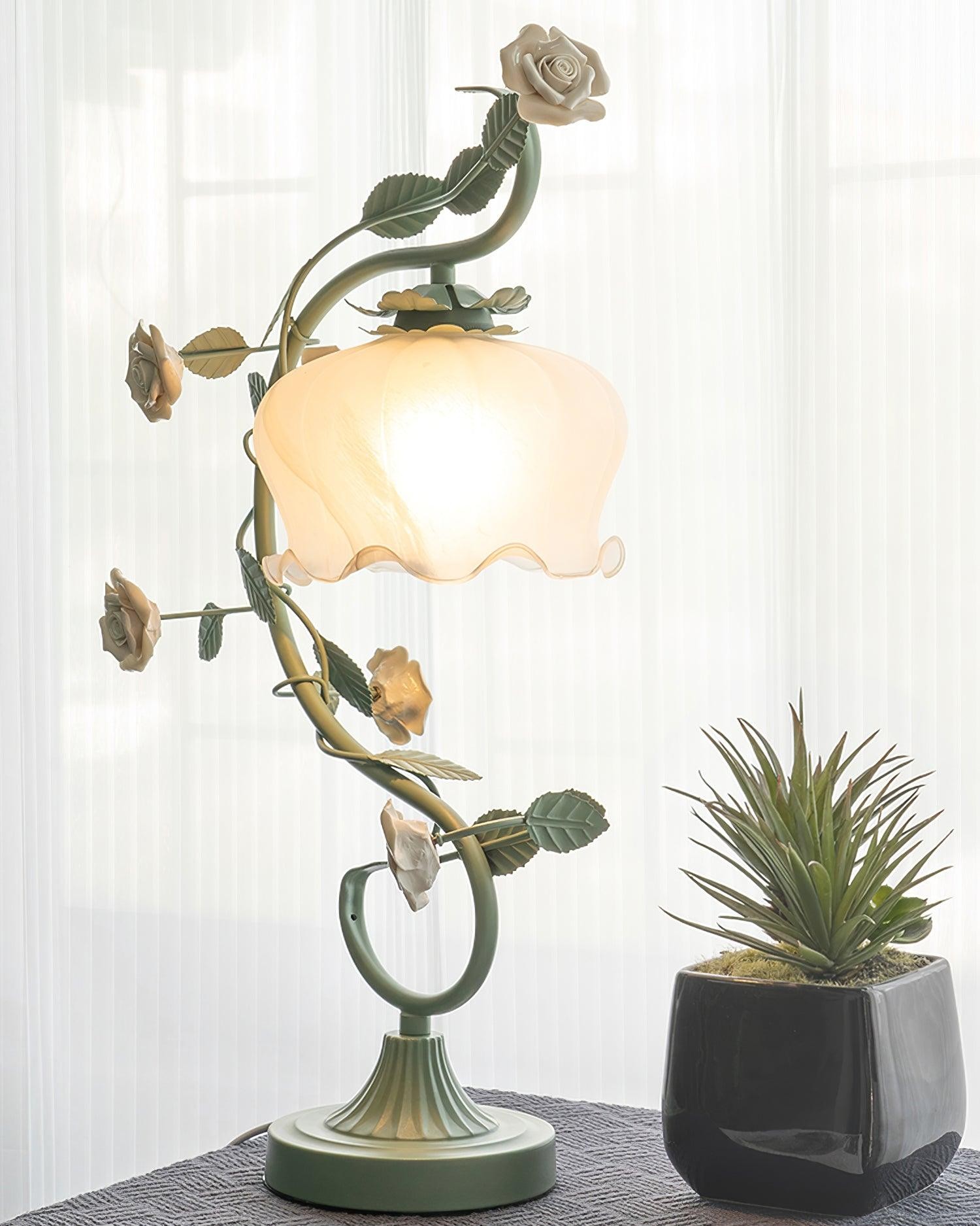 Green Pink White Rose Flower Table Lamp M209