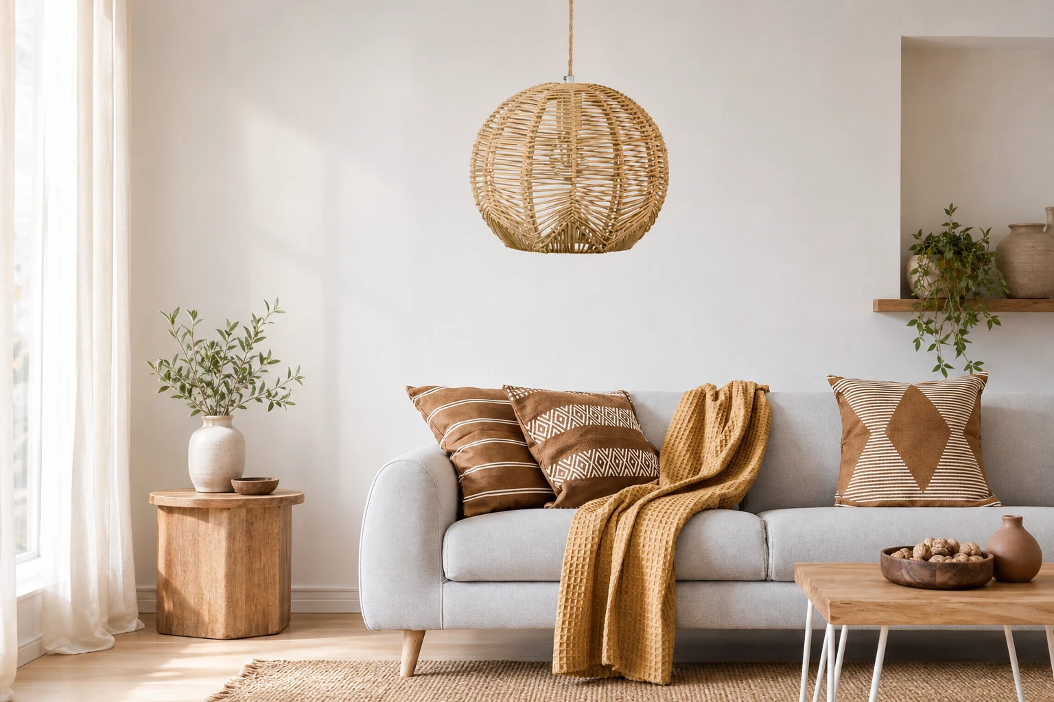 Lámpara colgante Doyle Orb de ratán en una escena de una habitación de estilo de vida.