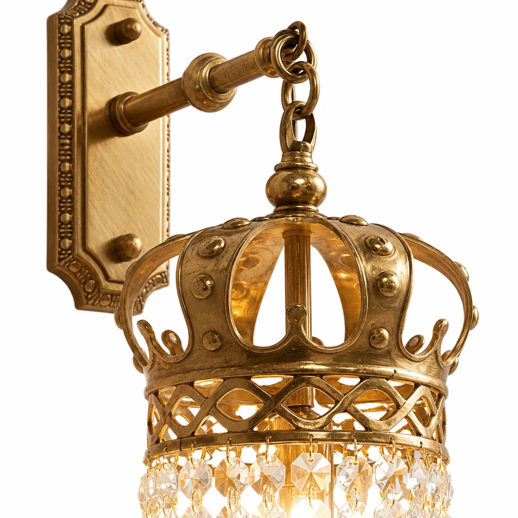 Zbliżenie na kinkiet Timon Brass Crown z mosiądzu i kryształów