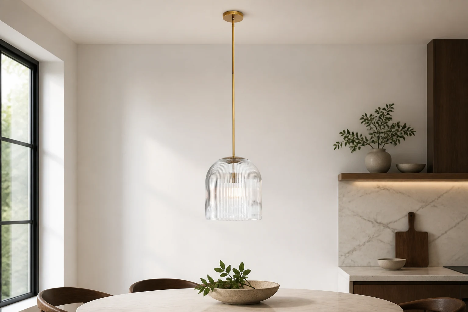 Lampa wisząca ze szkła żebrowanego Bravira w ciepłym pomieszczeniu