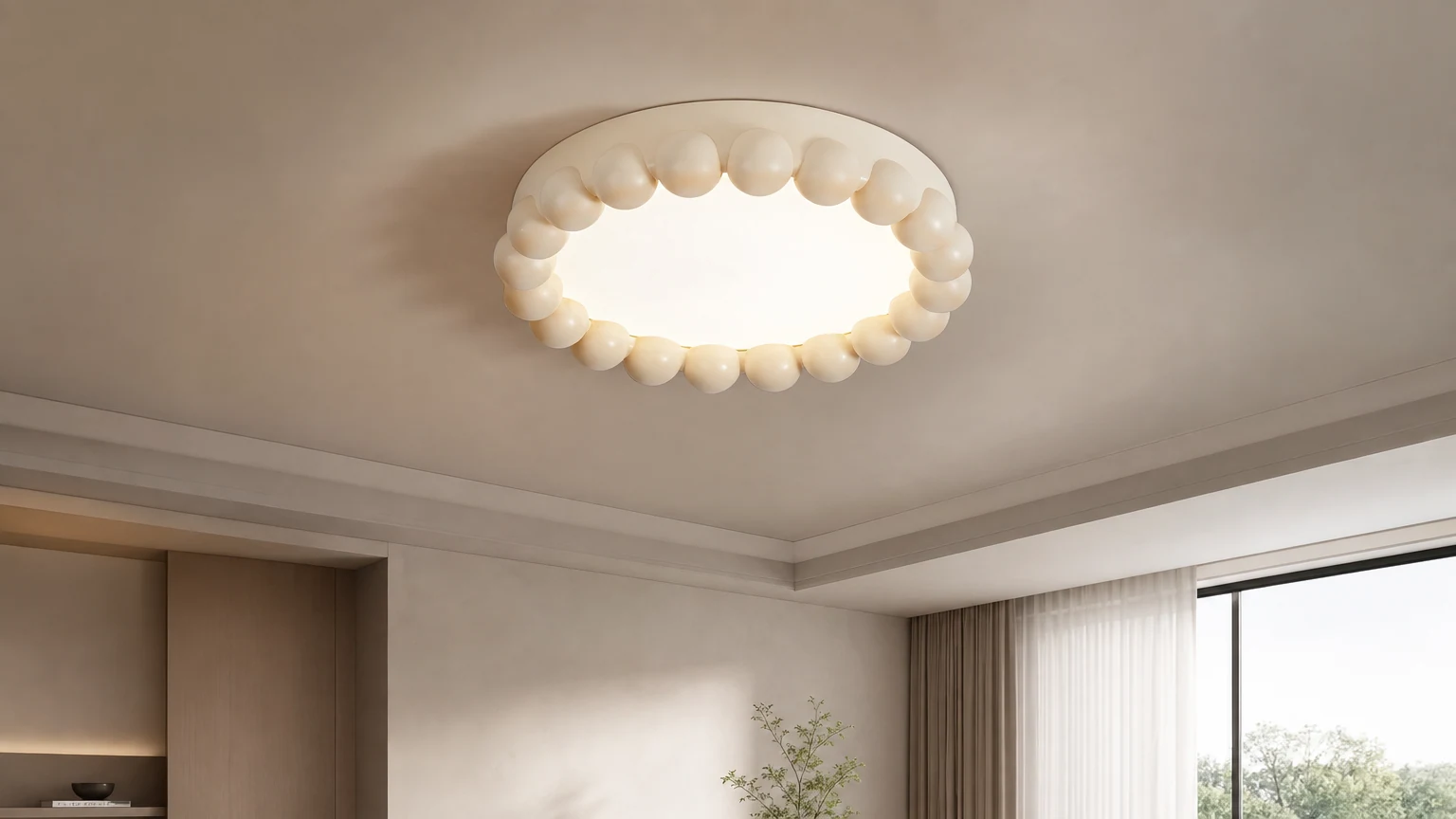 Lampa sufitowa w kształcie koralika M352 w ciepłej scenie na suficie sypialni