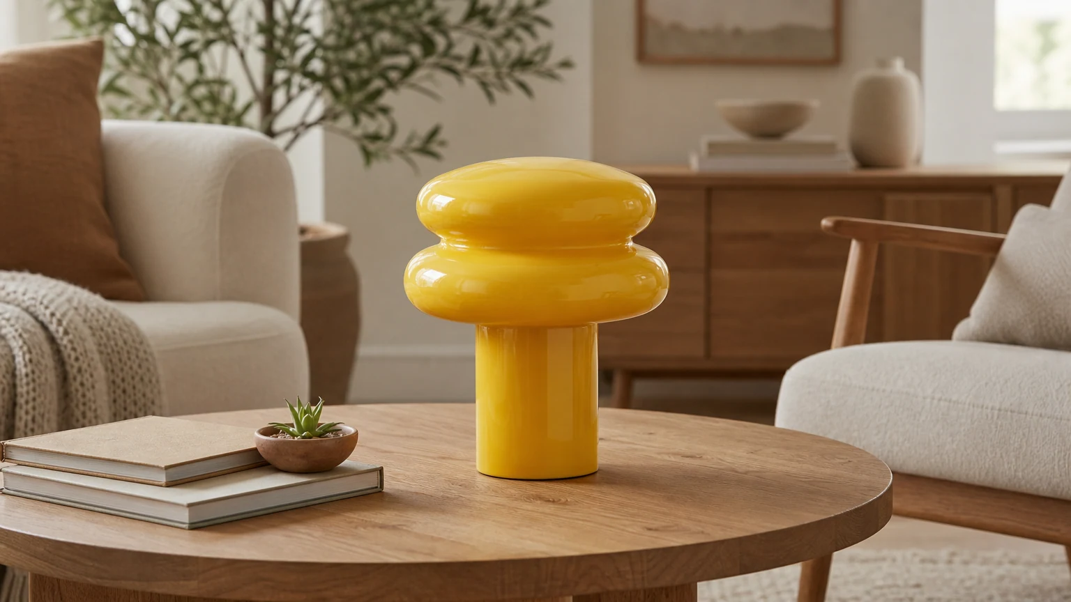 Lampada da tavolo Orra a forma di piccolo fungo opalino in un caldo ambiente interno.