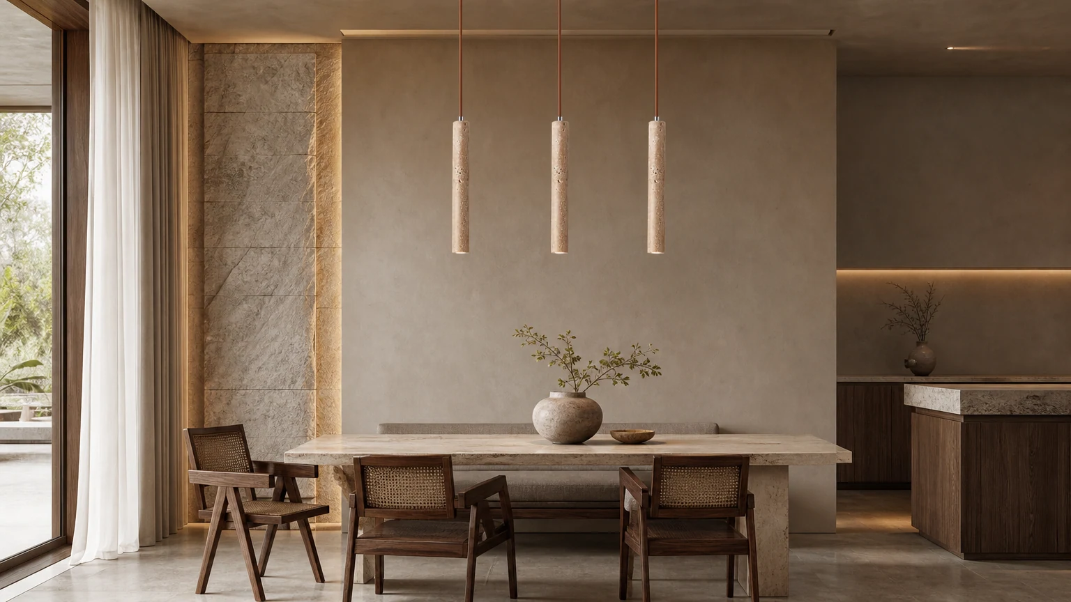 Cylindryczna lampa wisząca z żółtego trawertynu w ciepłym wnętrzu