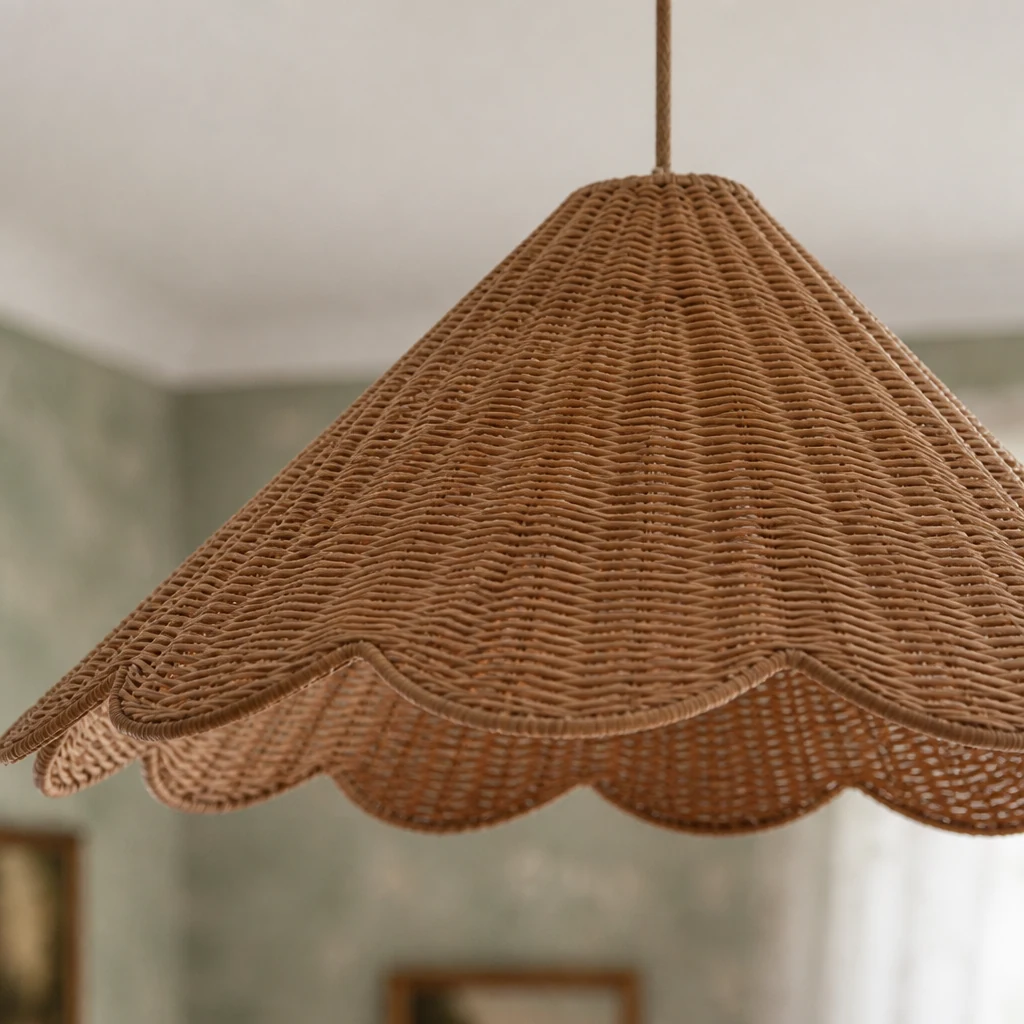 Zbliżenie lampy wiszącej Scallop D309 z tkanym rattanowym abażurem