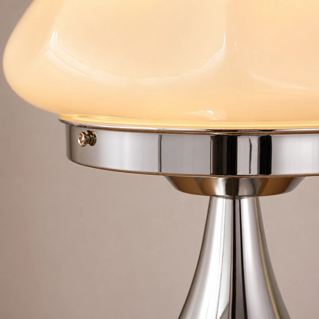 Zbliżenie na szklaną i metalową lampę stołową Bauhaus