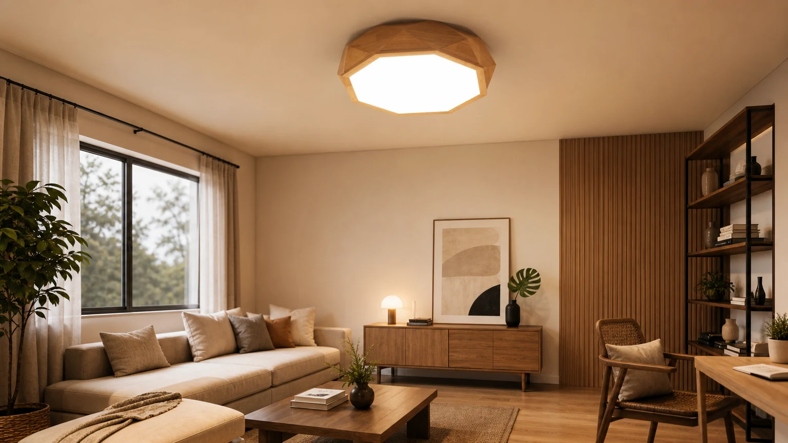 Lampa sufitowa LED LUCENT Octagon Jewel z drewna zainstalowana w ciepłym pomieszczeniu