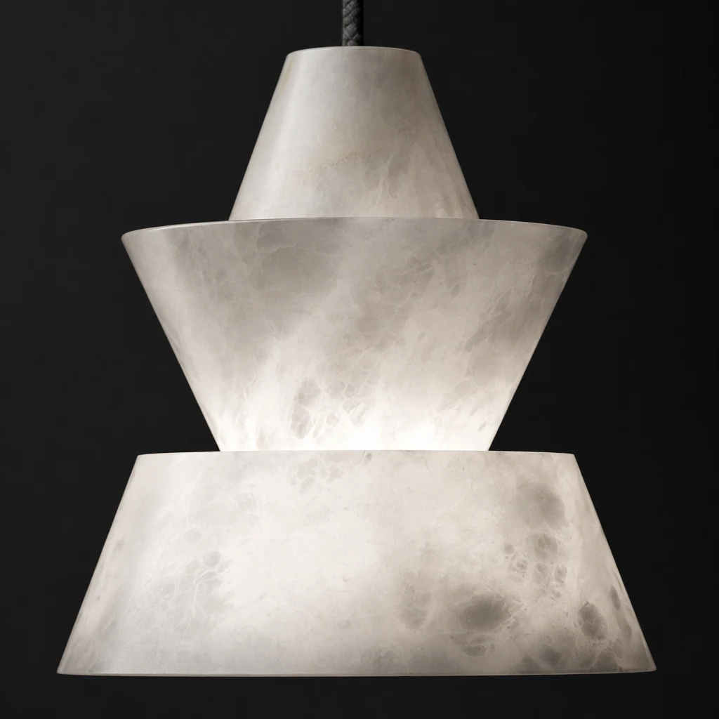 Zbliżenie na alabastrowe i metalowe detale lampy wiszącej Nordic Marble M461