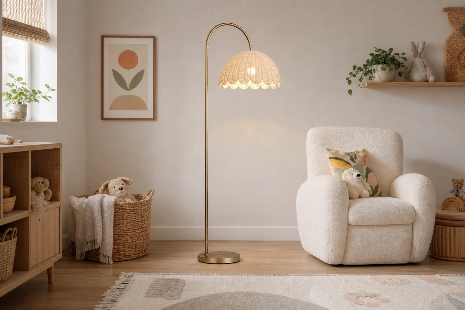 Olvara rattan bubble floor lamp in a warm lifestyle scene
