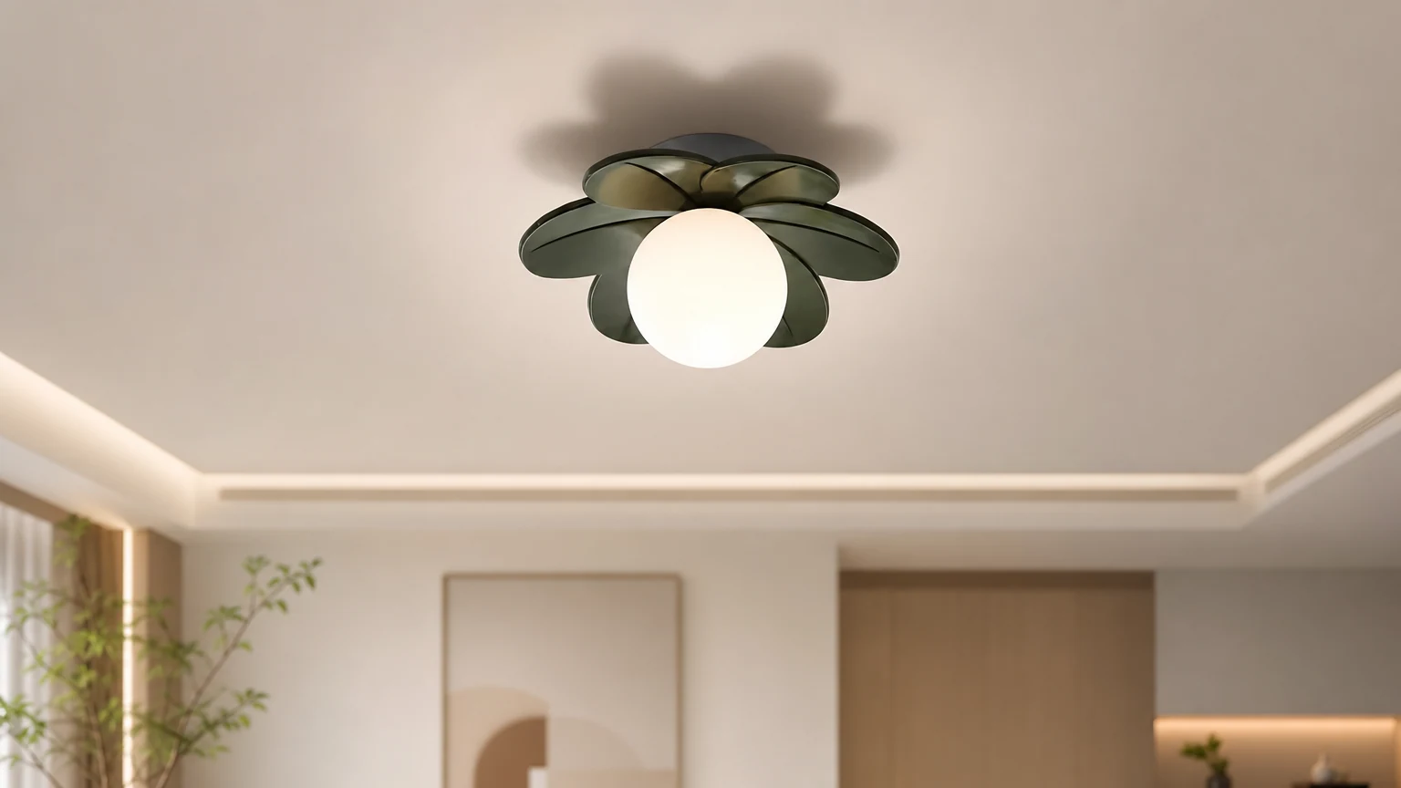 Blomstertaklampe P015 i et mykt rommiljø