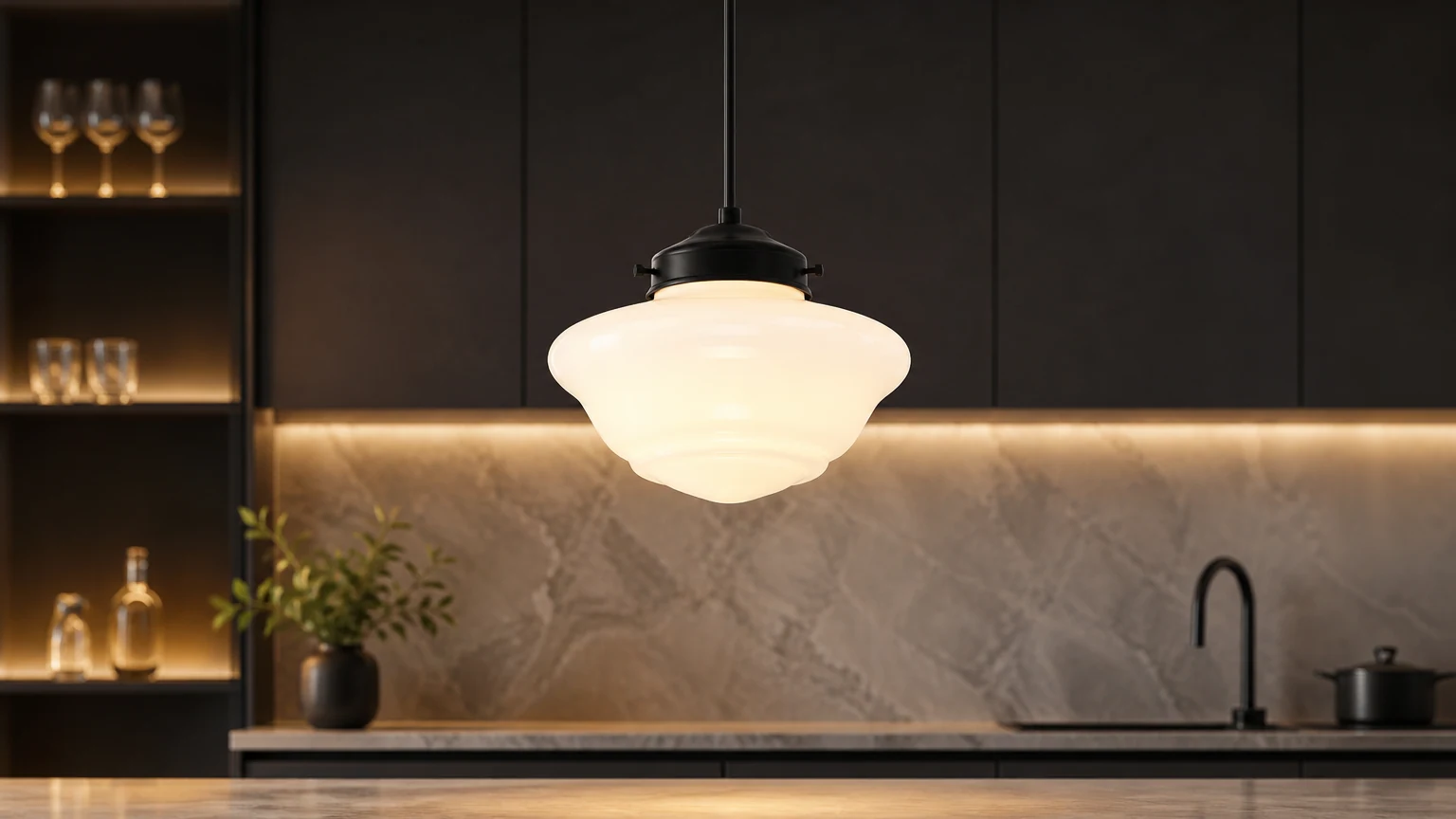 Nowoczesna lampa wisząca z geometrycznym słojem w białym mlecznym szkle, w jasnej kuchni